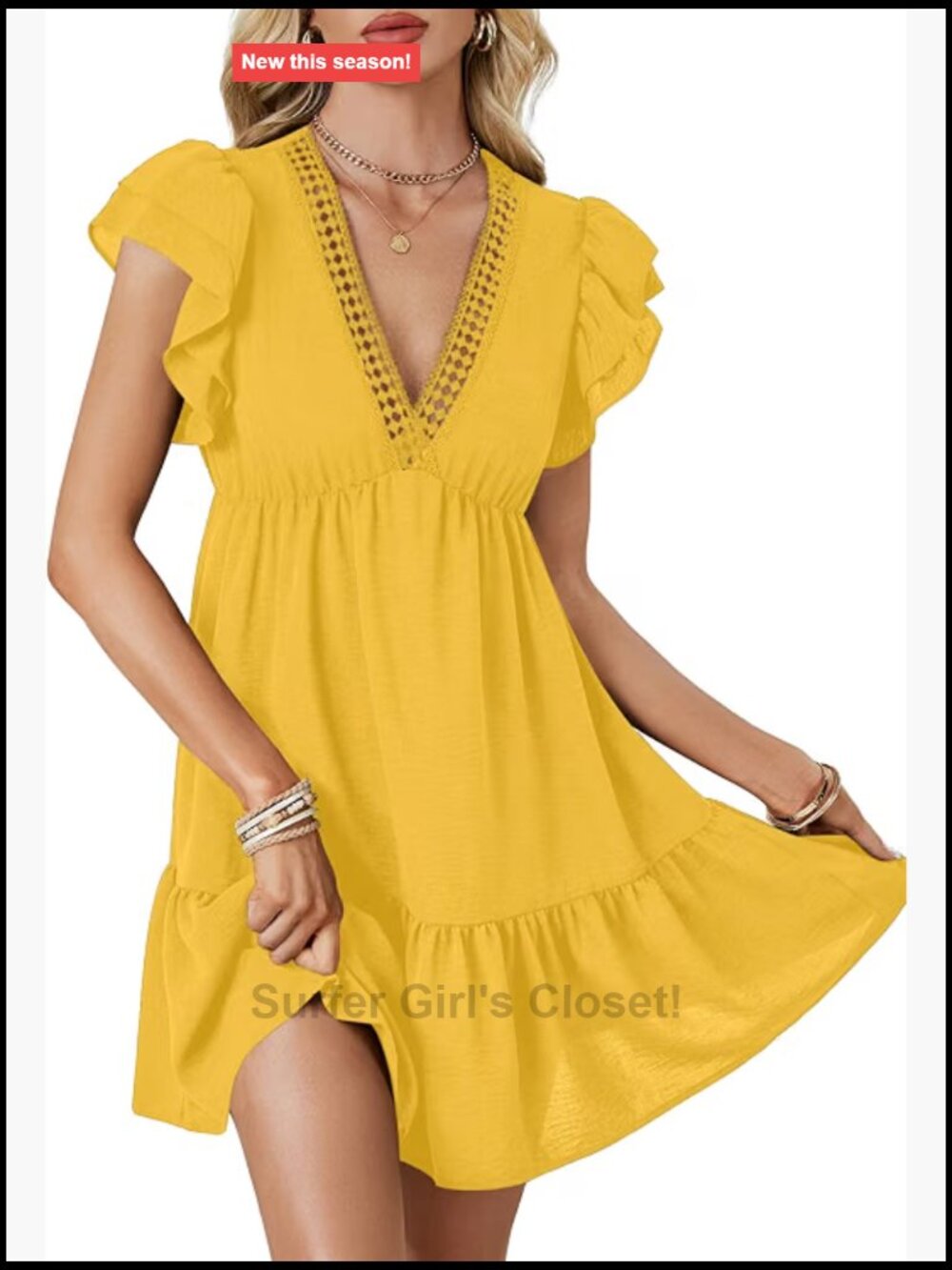 Women's Flutter Sleeve V-Neck Ruffle Mini Dress Party Cocktail A-Line Swing